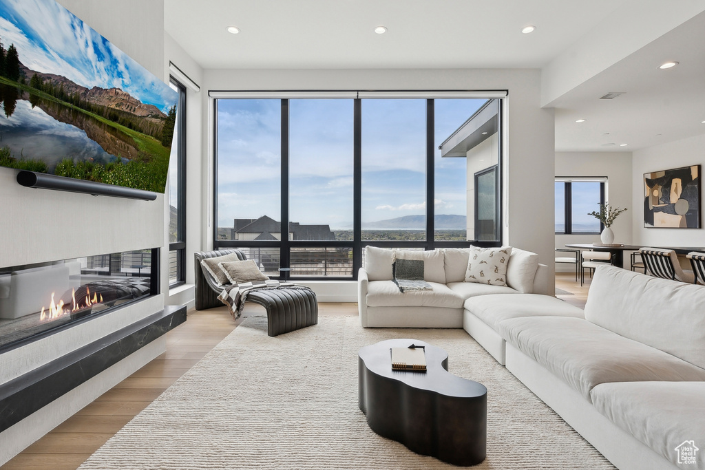 Living area featuring a glass covered fireplace, a mountain view, recessed lighting, and wood finished floors
