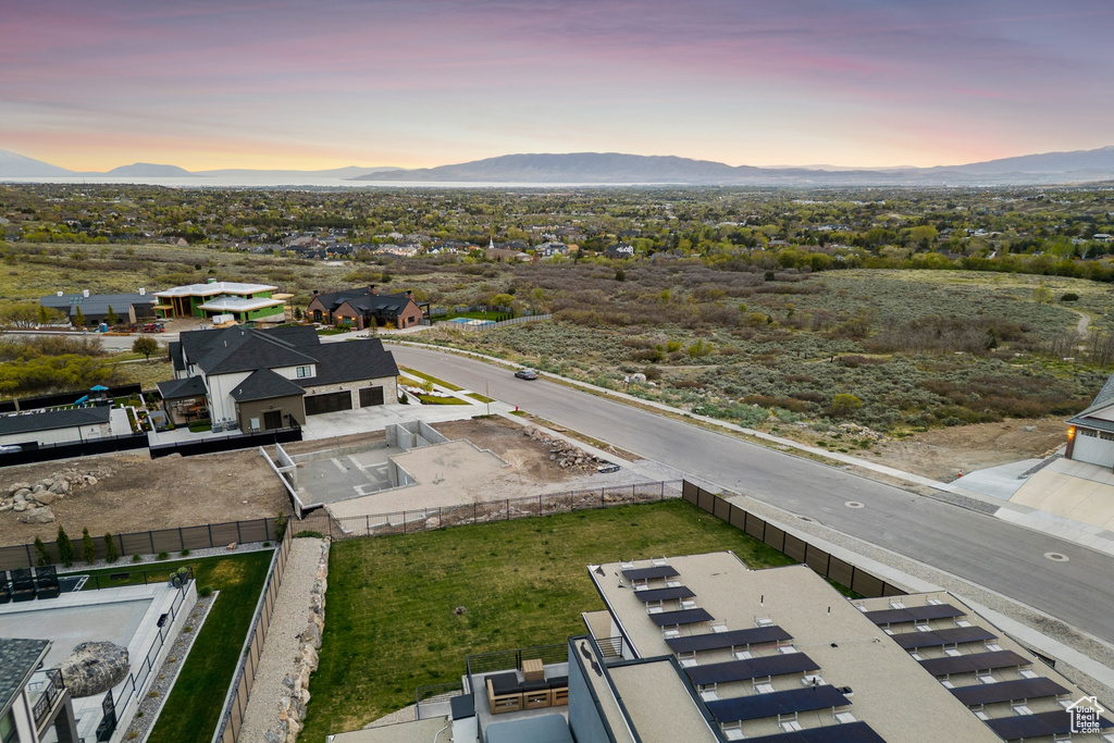 Aerial view at dusk with a mountain view