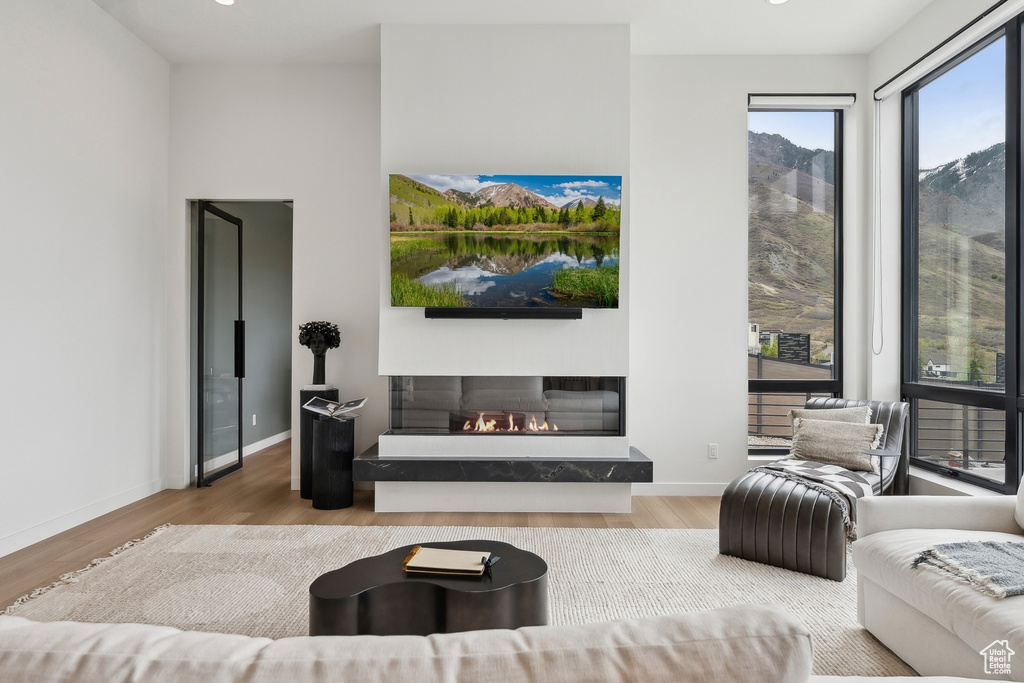 Living room with a glass covered fireplace, baseboards, and wood finished floors