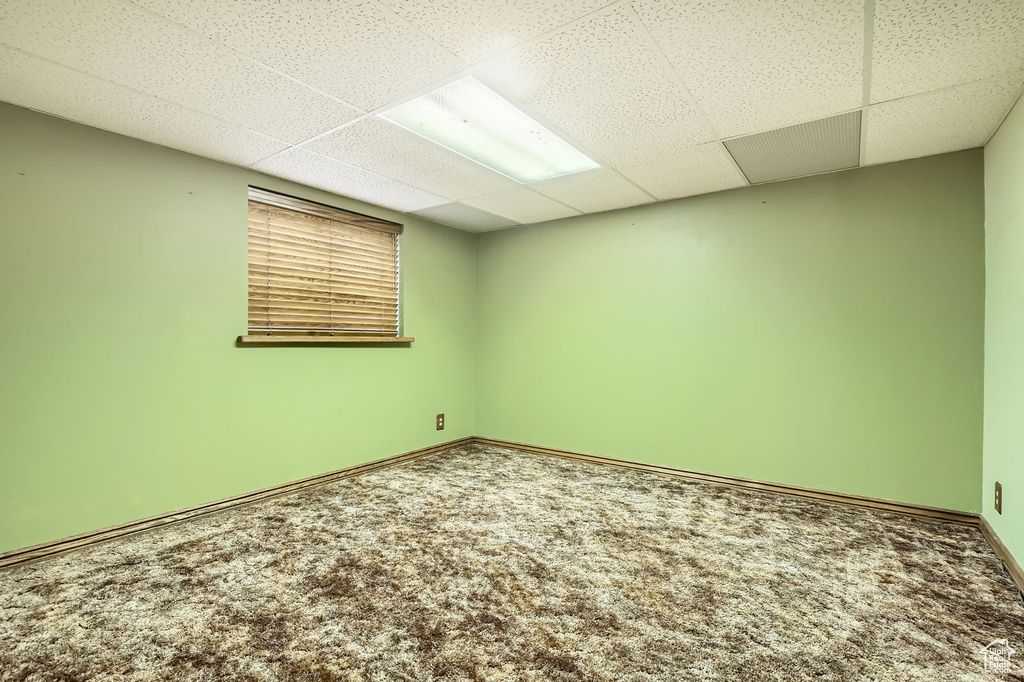 Spare room featuring baseboards, carpet, and a drop ceiling