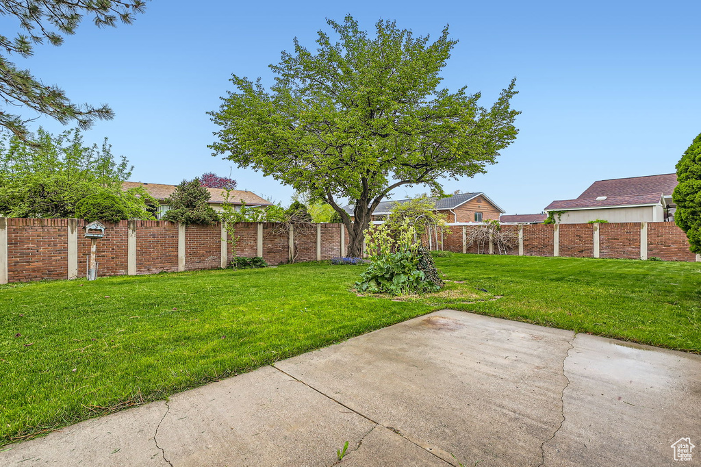 View of yard with a patio and fence