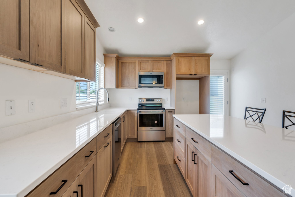 Kitchen featuring light countertops, appliances with stainless steel finishes, a sink, and light wood-style flooring