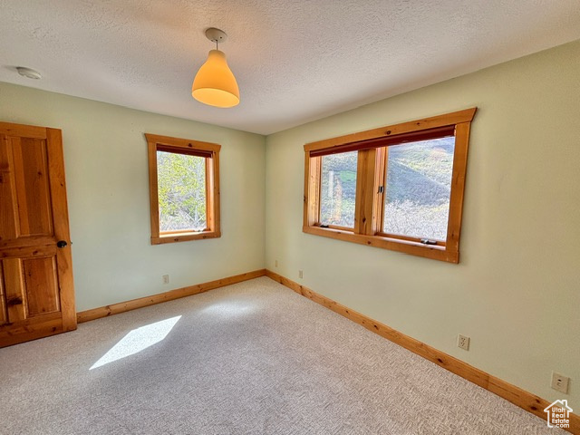 Spare room featuring carpet floors, a textured ceiling, and baseboards