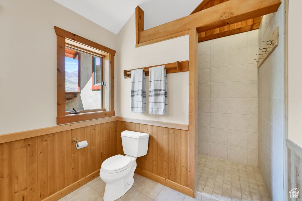 Bathroom with a tile shower, toilet, tile patterned floors, a wainscoted wall, and lofted ceiling