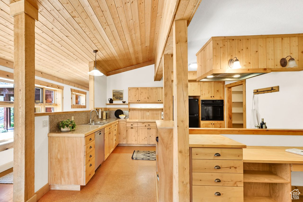 Kitchen featuring plenty of natural light, light brown cabinetry, dishwasher, wooden ceiling, and black oven