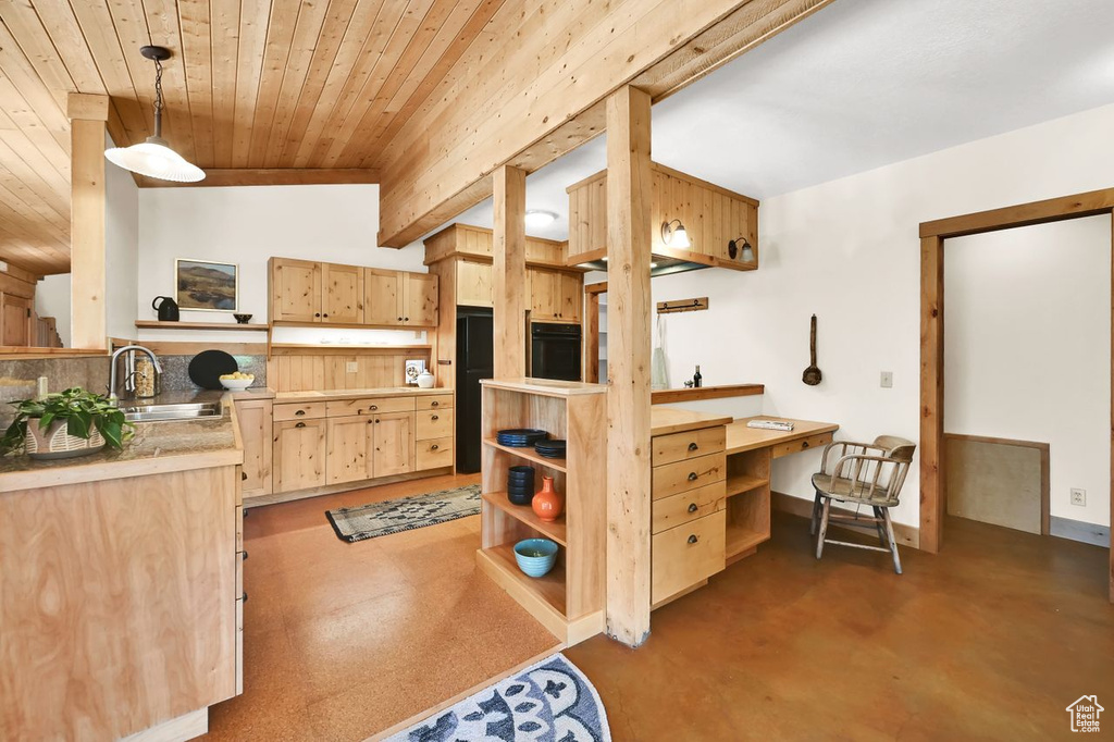 Kitchen with open shelves, black oven, light brown cabinetry, wood ceiling, and a sink