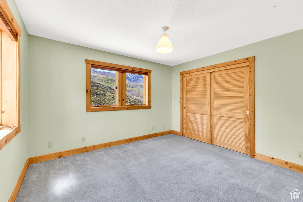 Unfurnished bedroom featuring baseboards, carpet flooring, and a closet