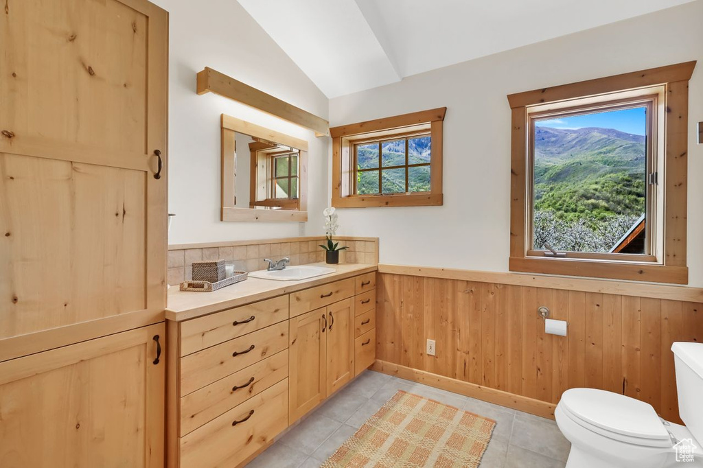 Bathroom with vanity, wainscoting, lofted ceiling, toilet, and tile patterned floors