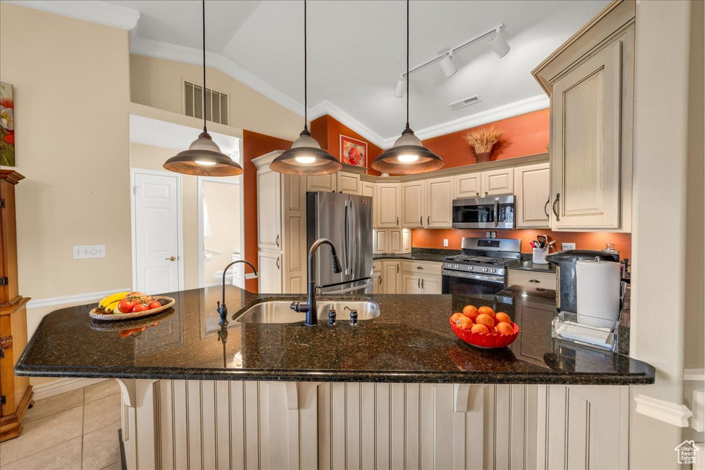 Kitchen featuring visible vents, appliances with stainless steel finishes, a sink, track lighting, and a peninsula