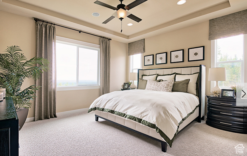Bedroom featuring recessed lighting, carpet flooring, a raised ceiling, and baseboards