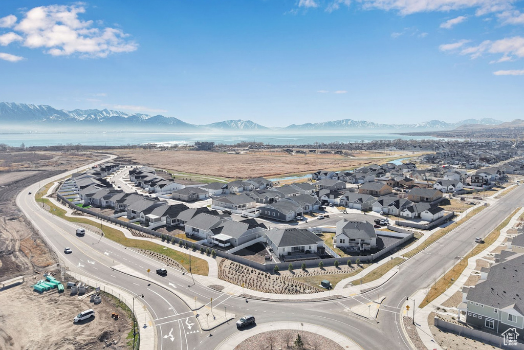 Aerial view with a residential view and a water and mountain view