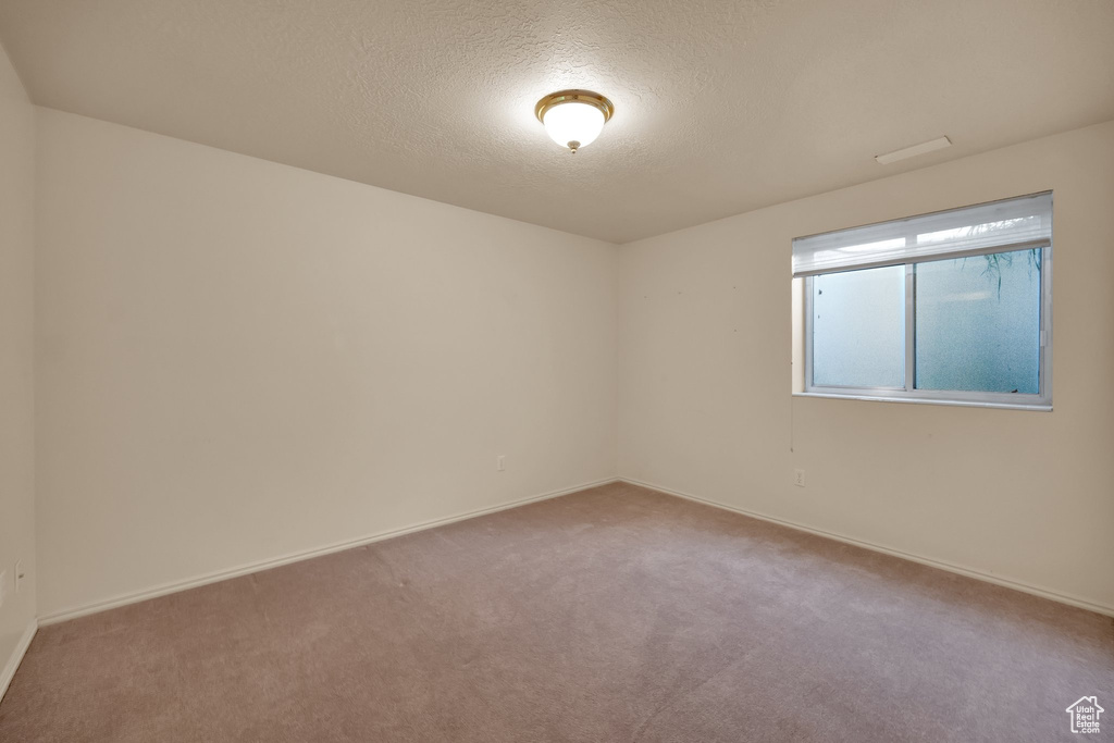 Empty room featuring carpet floors, a textured ceiling, and baseboards