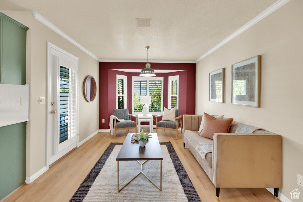 Living area featuring a healthy amount of sunlight, ornamental molding, and light wood finished floors