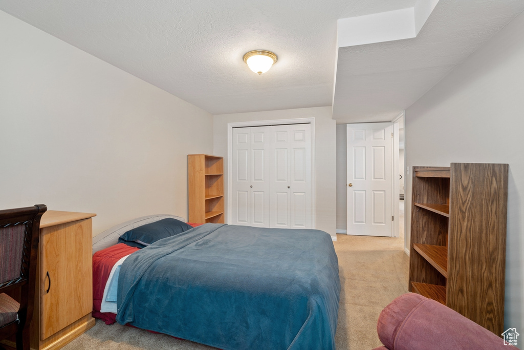 Bedroom featuring a closet and light carpet