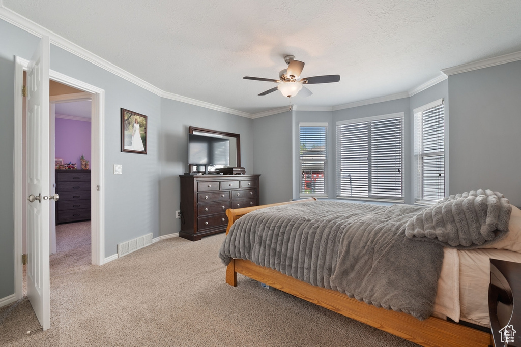 Carpeted bedroom with a ceiling fan, baseboards, crown molding, and visible vents