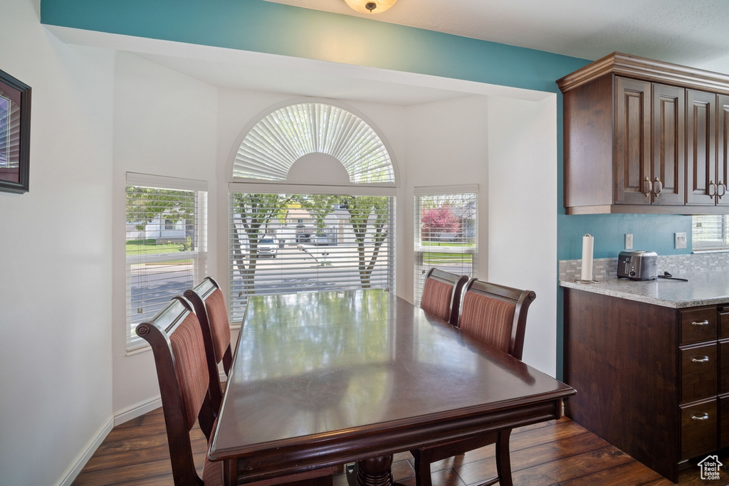 Dining area featuring dark wood-style flooring, plenty of natural light, and baseboards
