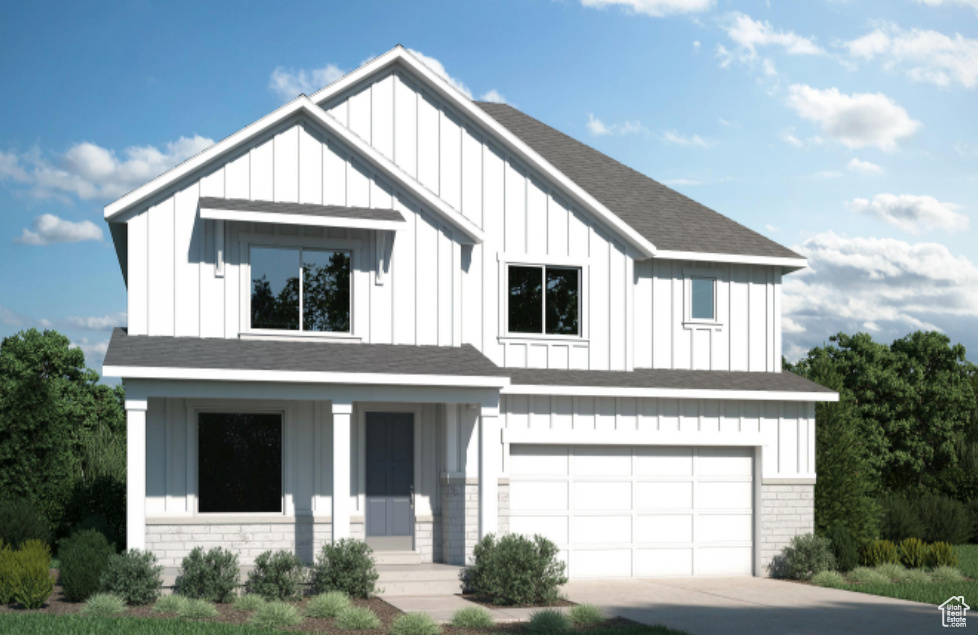 Modern farmhouse with brick siding, a shingled roof, board and batten siding, an attached garage, and driveway
