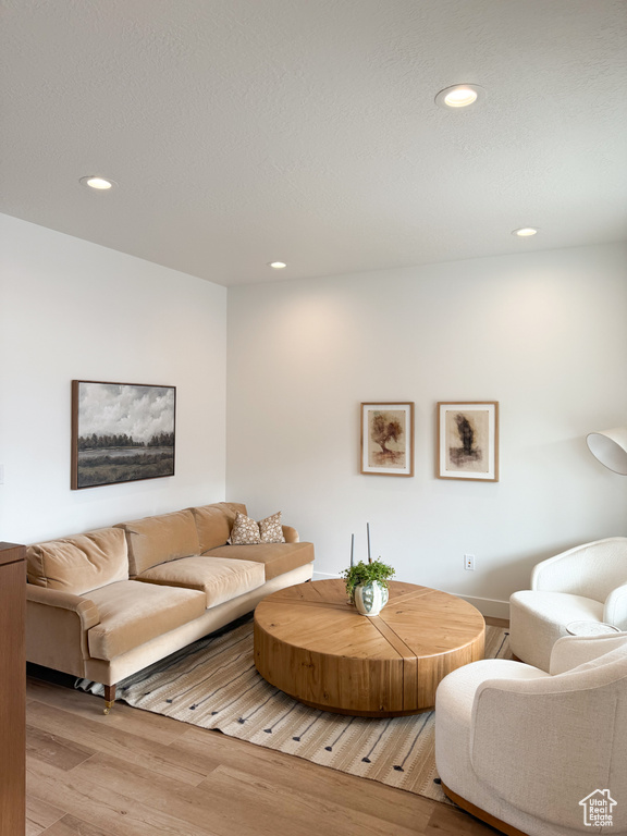 Living room with light wood-style floors, recessed lighting, and baseboards