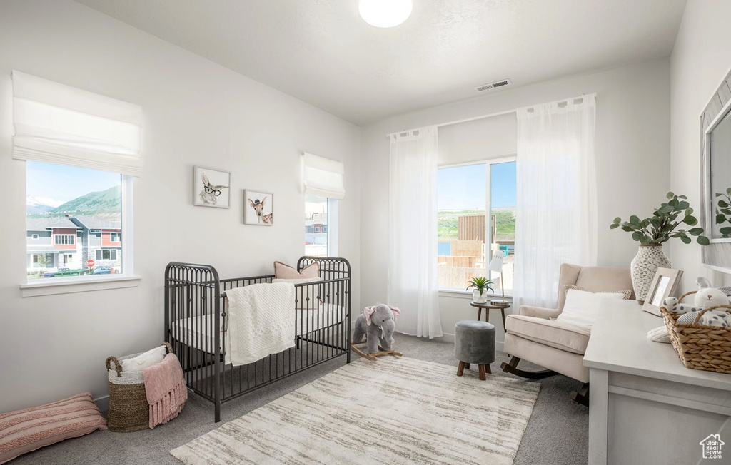 Carpeted bedroom with a nursery area, visible vents, and multiple windows