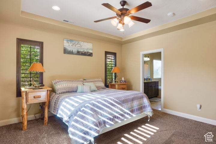 Bedroom featuring baseboards, carpet, a tray ceiling, and visible vents