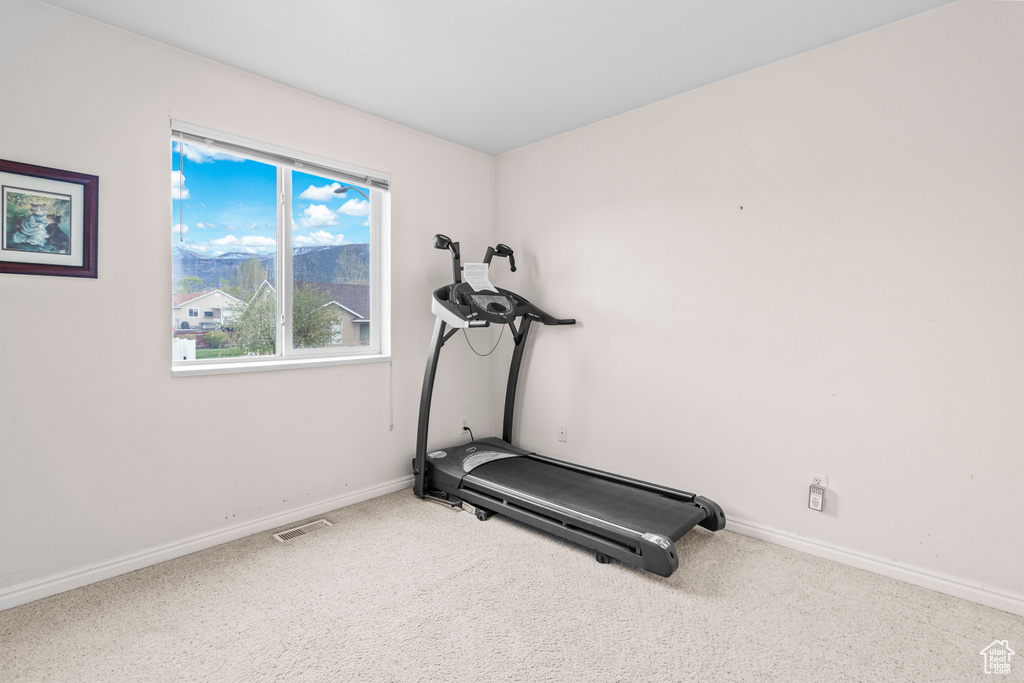Exercise area with visible vents, baseboards, and carpet floors
