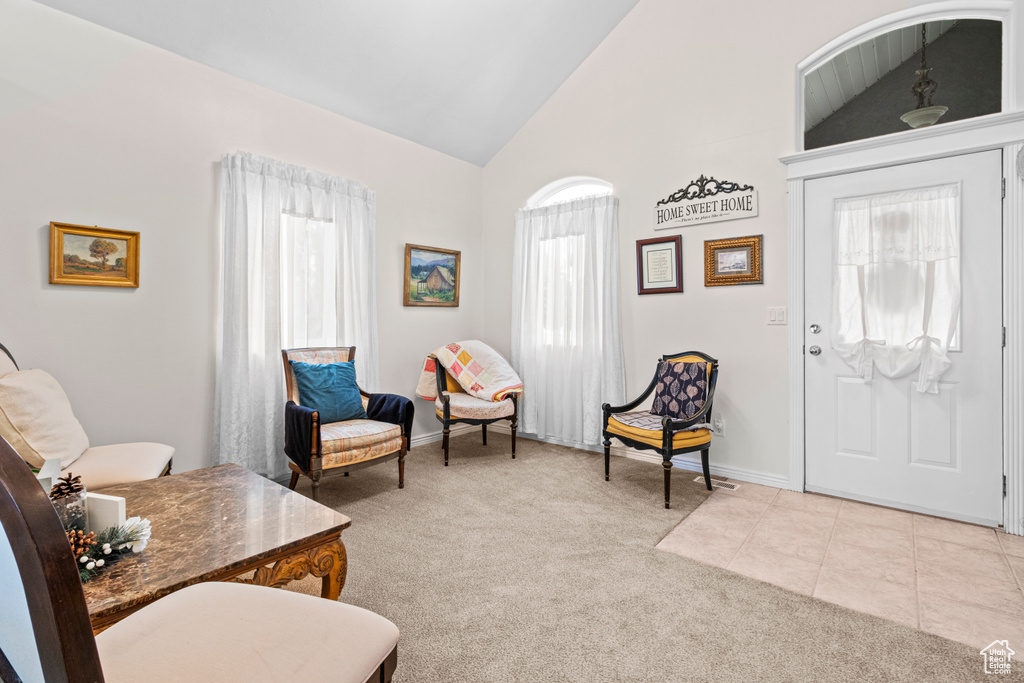 Interior space featuring baseboards, light carpet, and high vaulted ceiling