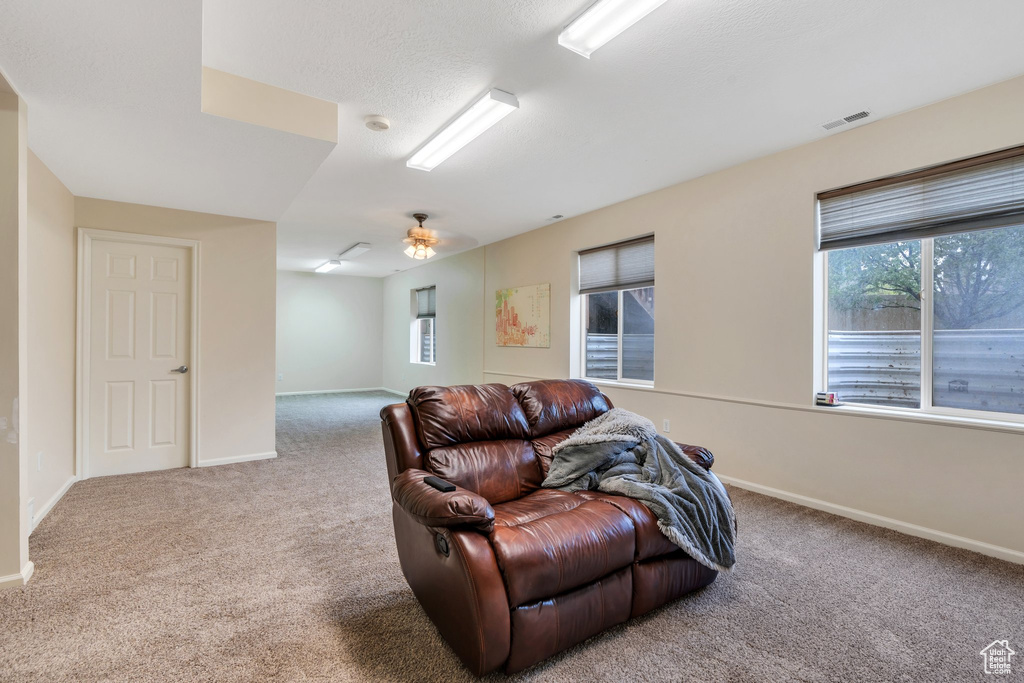 Living room with carpet flooring, baseboards, and visible vents