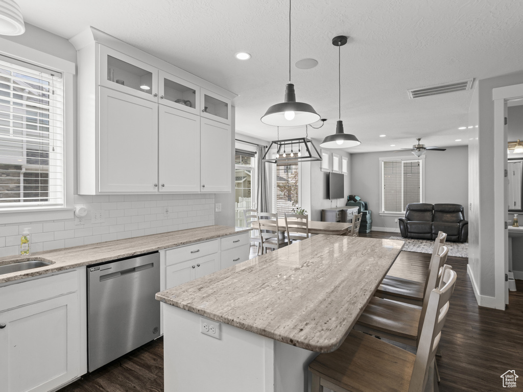 Kitchen featuring stainless steel dishwasher, recessed lighting, dark wood-style flooring, and white cabinets