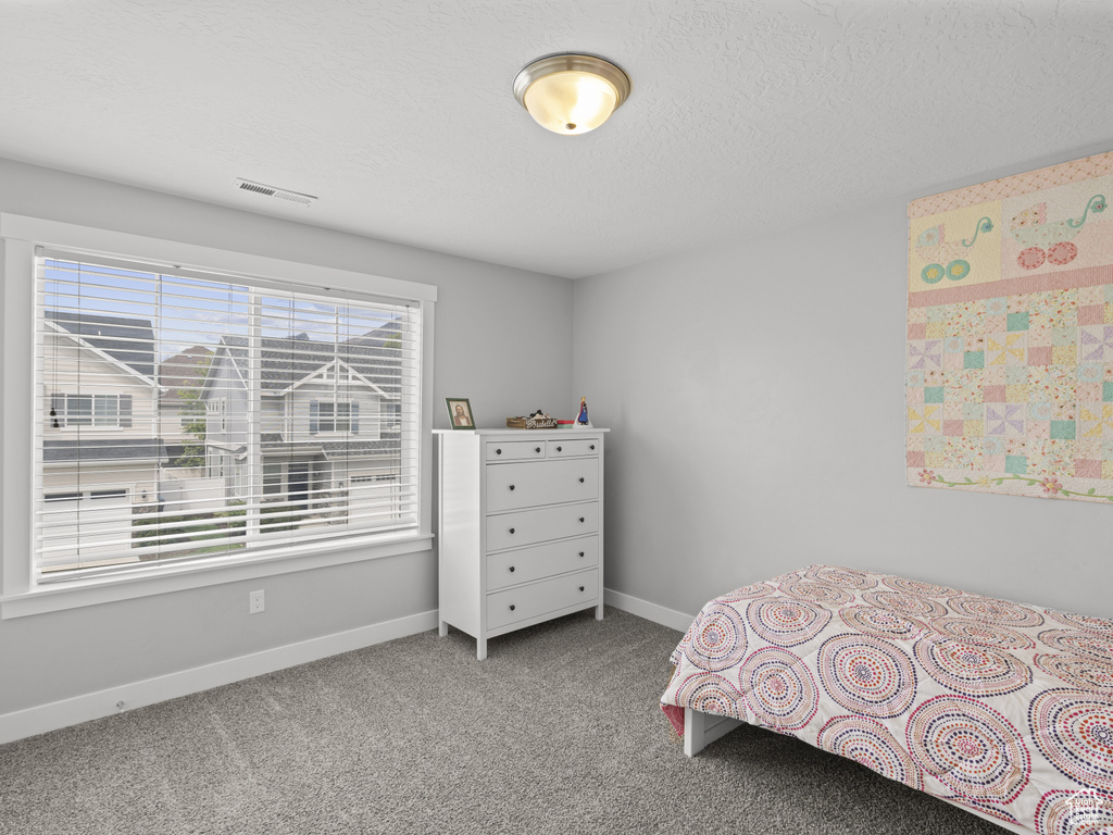 Bedroom featuring carpet floors, baseboards, and visible vents