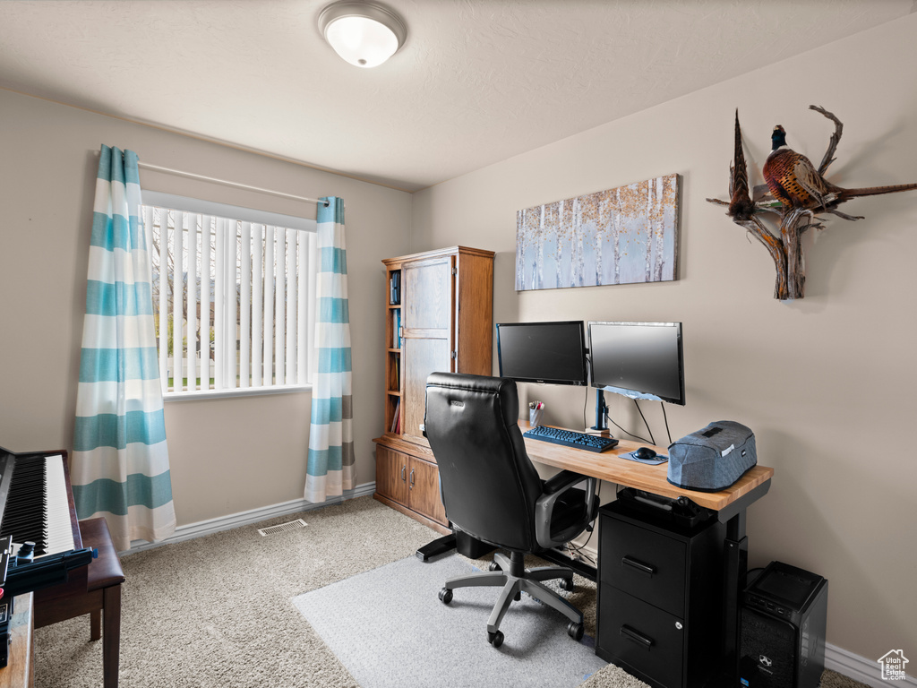Office area with carpet flooring and baseboards
