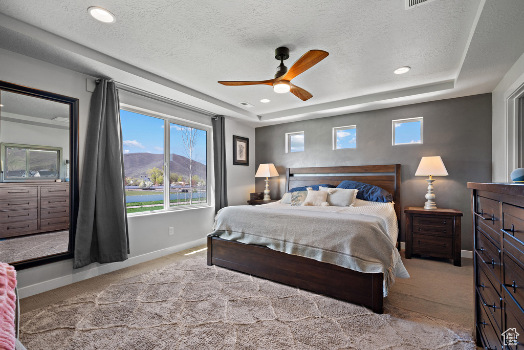 Bedroom with a textured ceiling, baseboards, a raised ceiling, light carpet, and recessed lighting