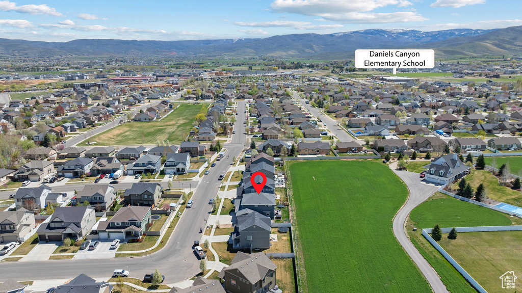 Birds eye view of property with a residential view and a mountain view