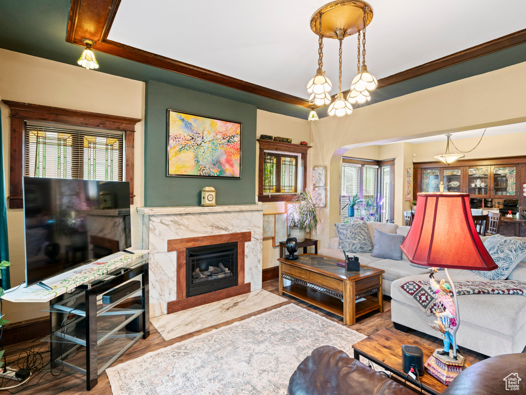 Living room featuring crown molding, a high end fireplace, wood finished floors, and a wealth of natural light