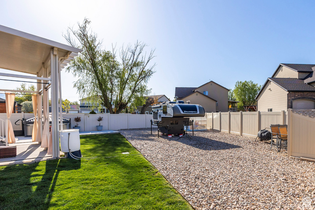 View of yard with a patio, a fenced backyard, and a residential view