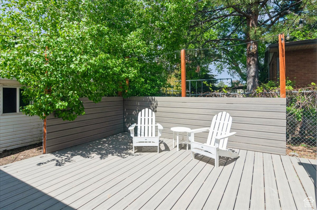 Wooden terrace featuring fence