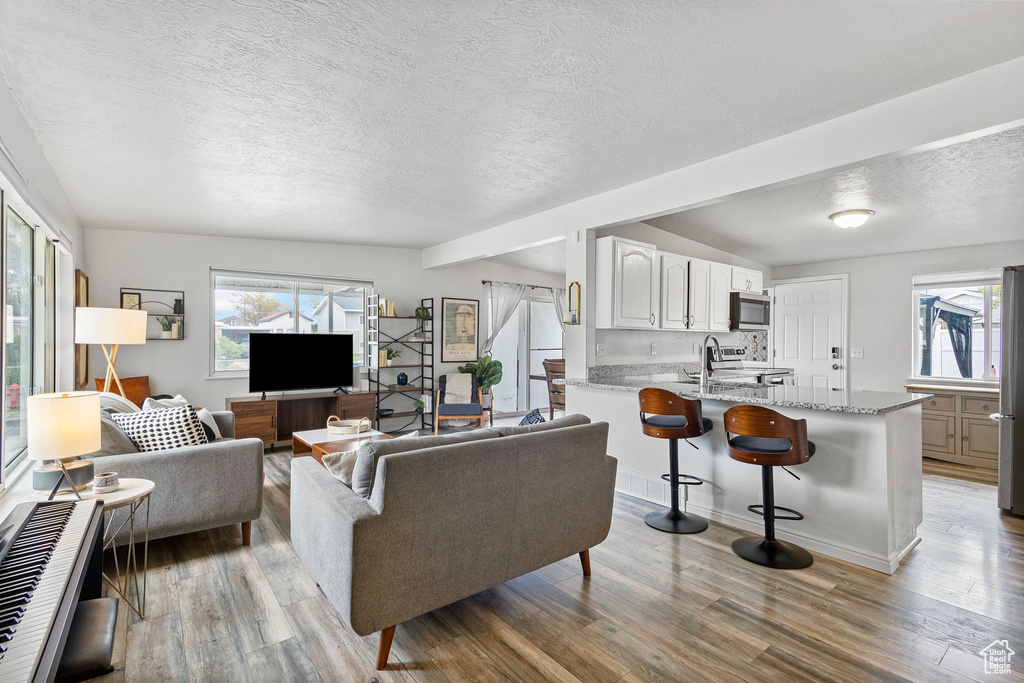 Living area featuring a textured ceiling, light wood finished floors, and a wealth of natural light
