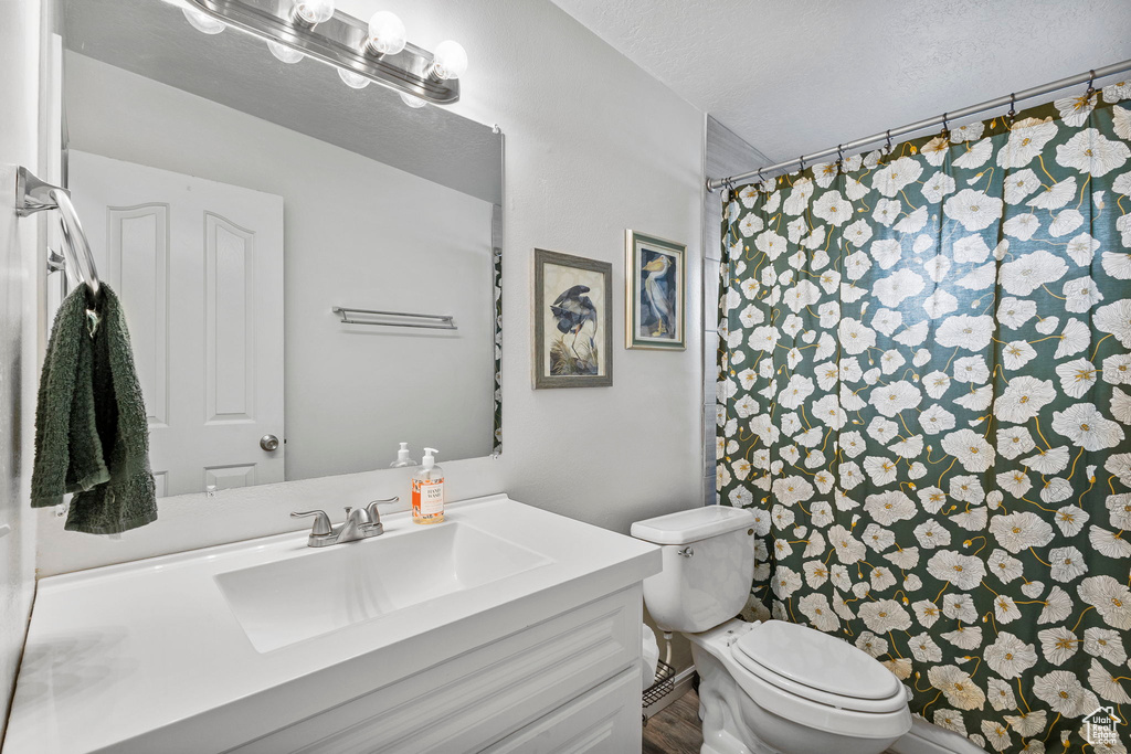 Full bath with vanity, curtained shower, and toilet