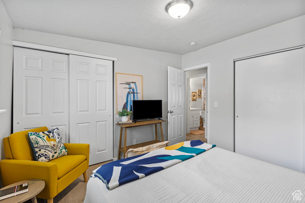 Carpeted bedroom featuring a closet