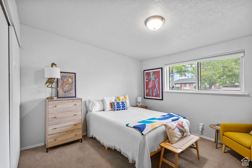 Carpeted bedroom featuring baseboards and a textured ceiling