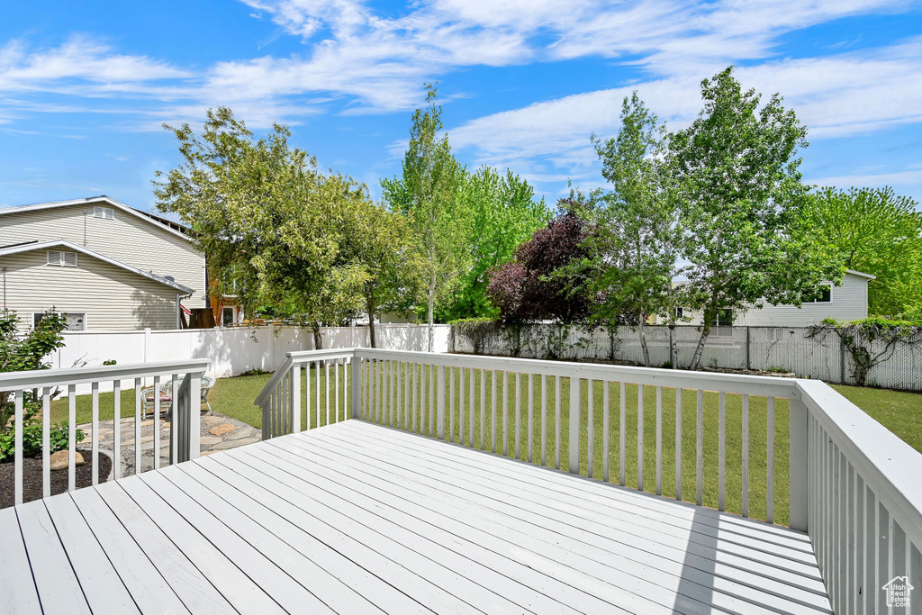 Wooden terrace with a lawn and a fenced backyard