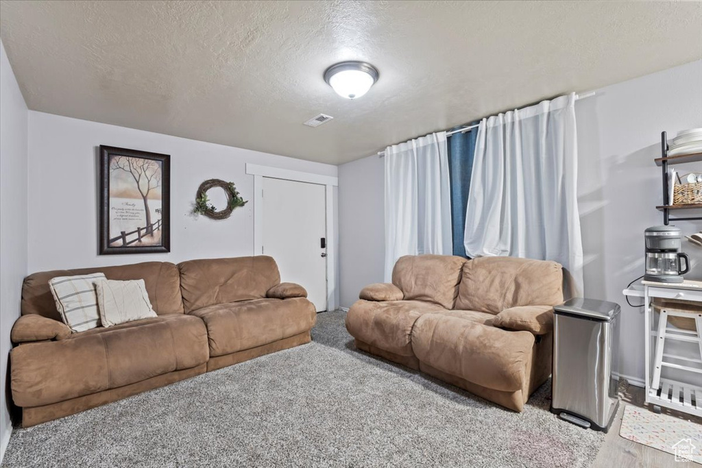 Carpeted living area with a textured ceiling and visible vents