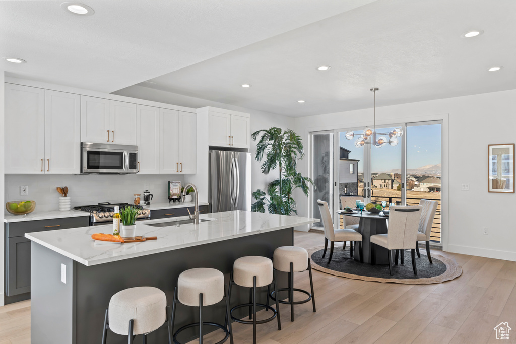 Kitchen featuring a sink, appliances with stainless steel finishes, recessed lighting, and light wood-style flooring