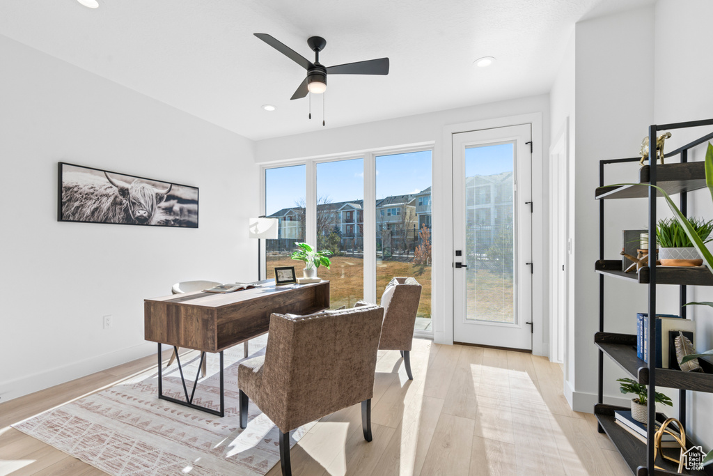 Office featuring recessed lighting, light wood finished floors, and ceiling fan