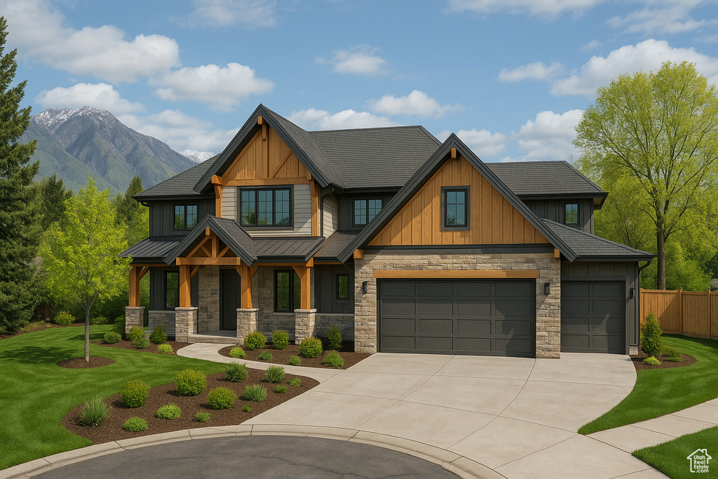 Craftsman inspired home with fence, a front yard, driveway, and stone siding