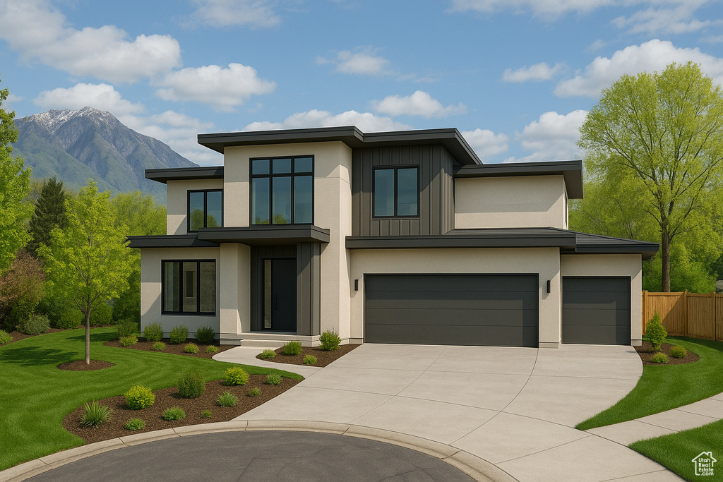 View of front of house featuring fence, stucco siding, driveway, and a front yard