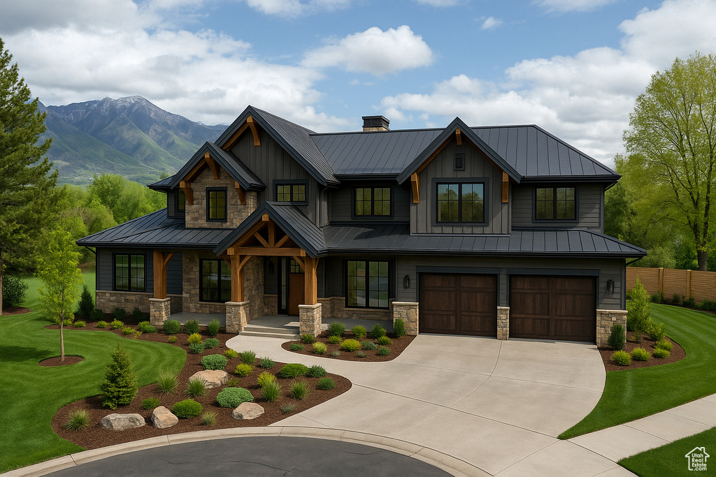 Craftsman house featuring a standing seam roof, metal roof, a garage, concrete driveway, and stone siding