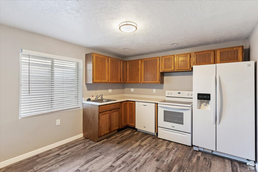 Kitchen featuring white appliances, a sink, dark wood-type flooring, light countertops, and a textured ceiling