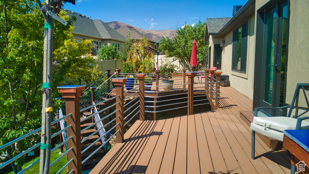 Deck featuring a mountain view
