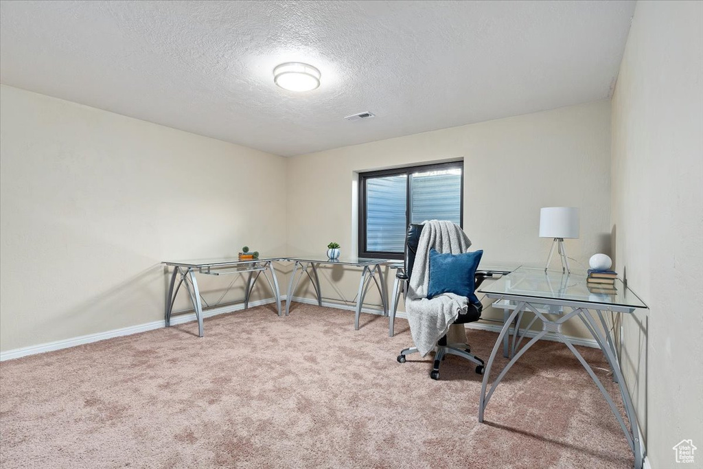 Carpeted office featuring a textured ceiling, visible vents, and baseboards