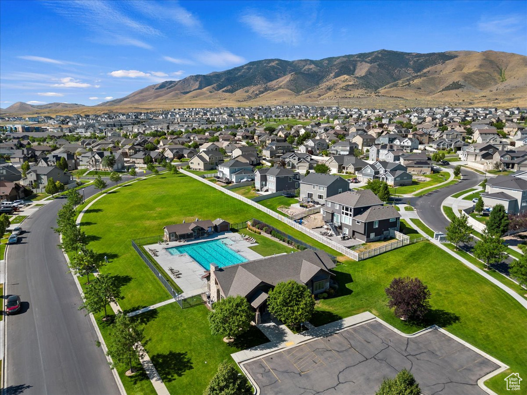 Drone / aerial view with a mountain view and a residential view